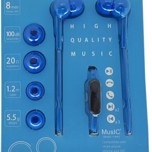 STEREO EARPHONE + MIC BLUE 1.2M